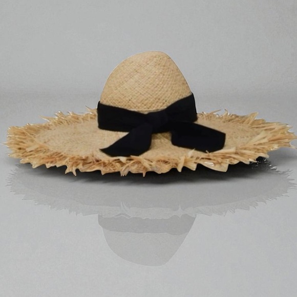 GIGI BURRIS MILLINERY ETE NATURAL feather grosgrain ribbon frayed straw hat - Picture 1 of 13